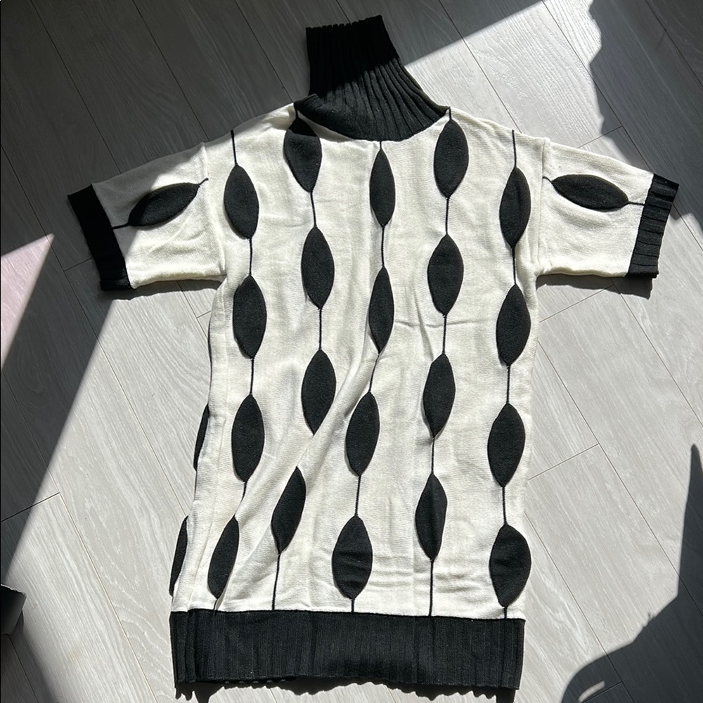 Que Black and White Ribbed Graphic Turtleneck Sweater